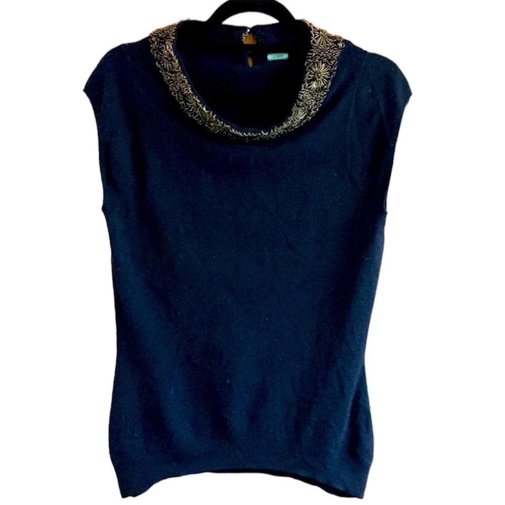 Vintage JCrew Navy Blue Cashmere sleeveless top with black beading at neck